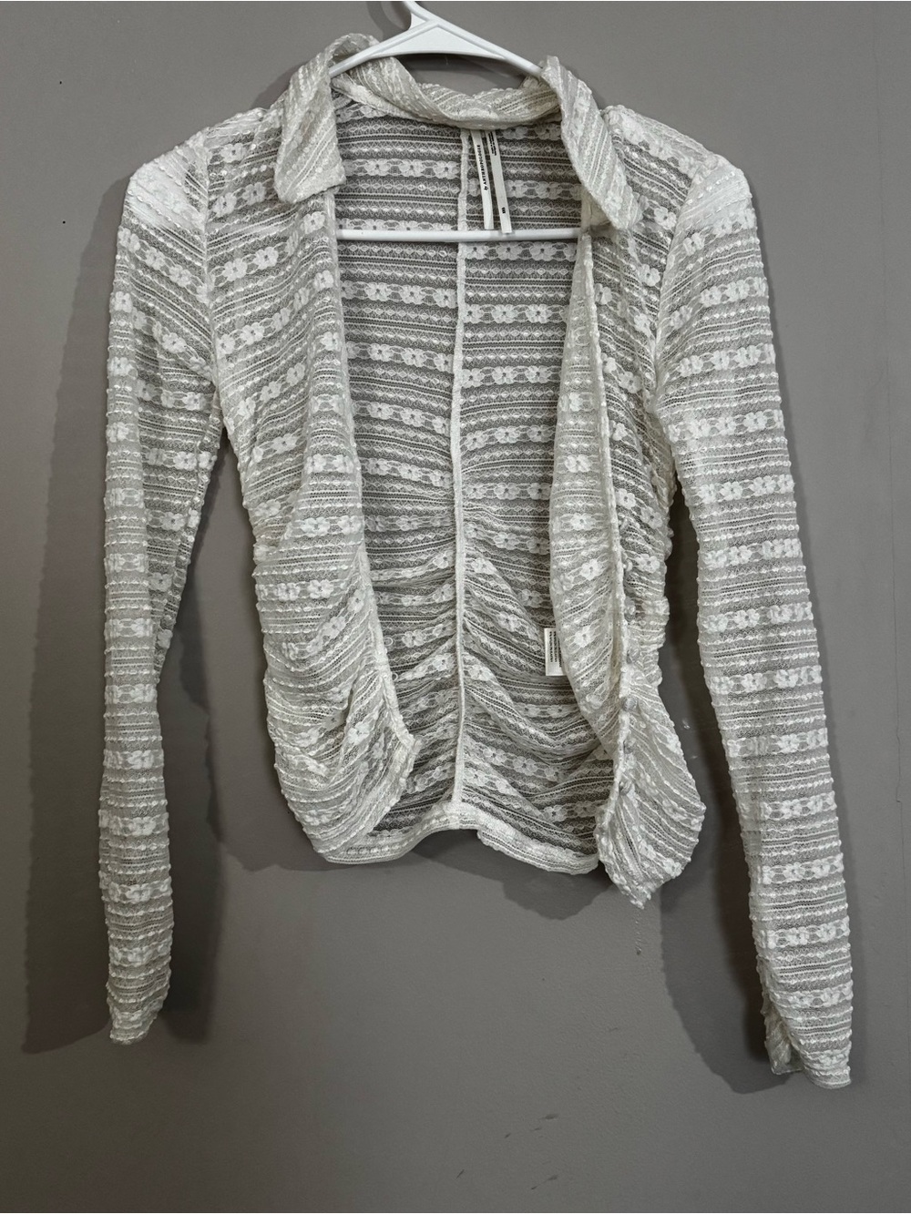 By Anthropologie Long-Sleeve V-Neck Floral Lace Stretch Ruched Top Ivory SZ XXS